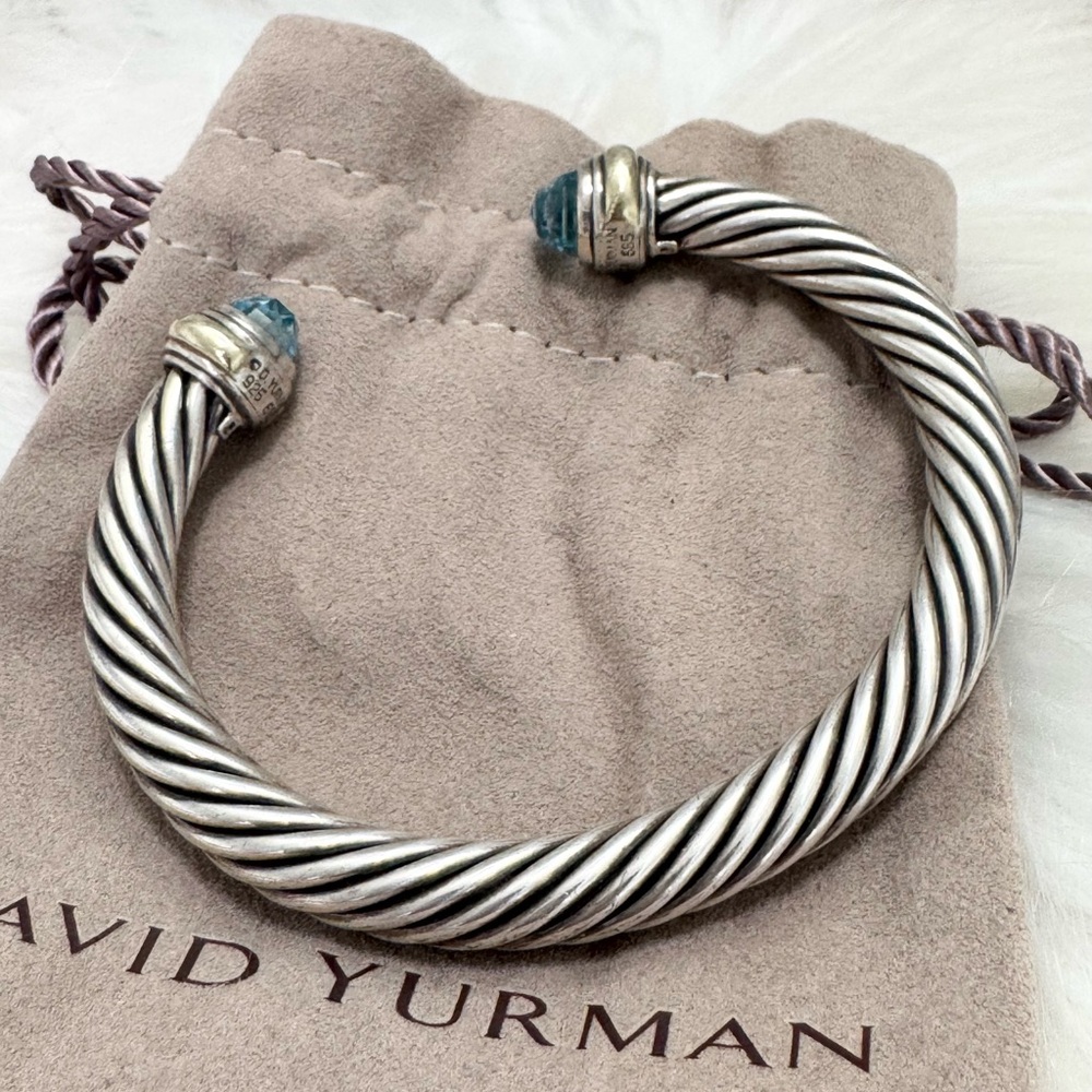 David Yurman 7mm Blue Topaz Cable Classic Cuff Bracelet .925/14K Gold - Picture 7 of 10